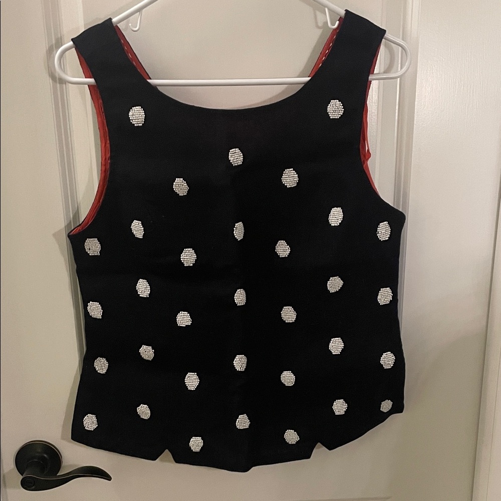 Anthropologie Odille Navy and White Polka Dot Linen Top with Beading